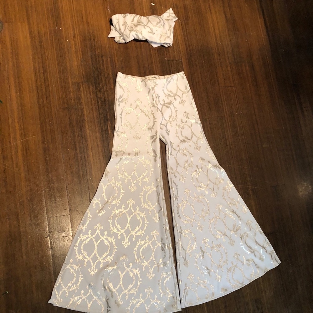 White two piece jumpsuit with gold accents